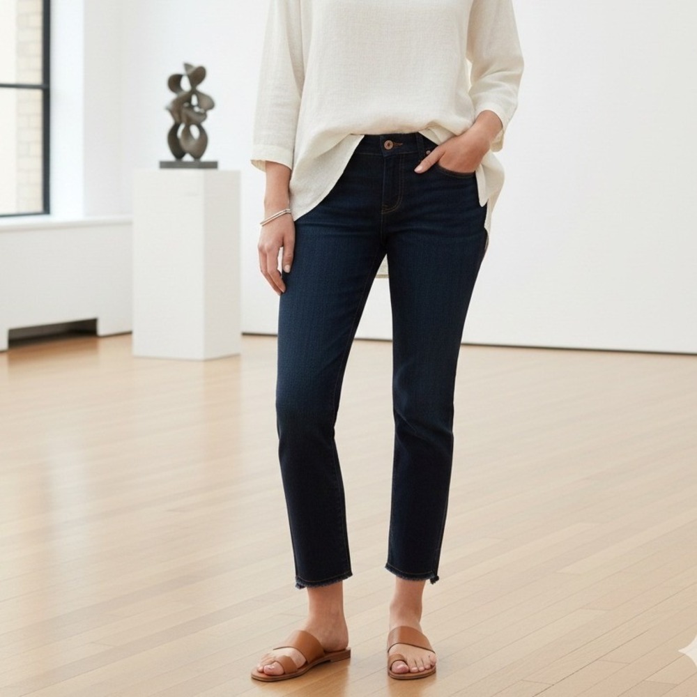 Eileen Fisher Low Rise Step Hem Jeans Size 6 Organic Cotton Ankle Slim Raw Fray